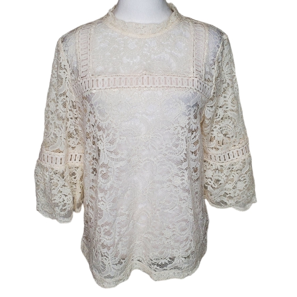 LOFT Ivory Lace Blouse Bell Sleeve Cottagecore Romantic Prairie Top Women M